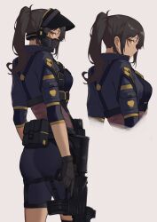 Rule 34 | 1girl, 3 small spiders, absurdres, ammunition pouch, ass, assault rifle, black gloves, black hair, black hat, black jacket, black shorts, body armor, breasts, brown eyes, foregrip, gloves, gun, handgun, hat, highres, holster, jacket, long hair, long sleeves, looking at viewer, mask, medium breasts, mouth mask, original, ponytail, pouch, rifle, shorts, simple background, solo, suppressor, thigh strap, twitter, weapon, yellow background