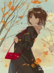Rule 34 | 1girl, autumn, autumn leaves, bag, black coat, blue sky, brown eyes, brown hair, carrying, casual, closed mouth, cloud, cloudy sky, coat, commentary, dated, day, from side, frown, girls und panzer, handbag, leaf, long sleeves, macho ojiji, nishizumi maho, one-hour drawing challenge, outdoors, short hair, sky, solo, standing, tree, twitter username, wind