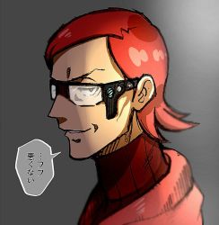Rule 34 | 1boy, black-framed eyewear, black eyes, bright pupils, coat, commentary request, creatures (company), game freak, glasses, grey background, looking at viewer, male focus, maxie (pokemon), nintendo, parted lips, pokemon, pokemon oras, red hair, red sweater, ribbed sweater, sanwari (aruji yume), short hair, smile, solo, speech bubble, sweater, team magma, translation request, turtleneck, turtleneck sweater, white pupils