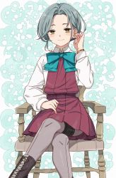 Rule 34 | 1girl, absurdres, aqua bow, aqua bowtie, blush, boots, bow, bowtie, closed mouth, collared shirt, commission, cross-laced footwear, dress, feet out of frame, grey hair, grey pantyhose, highres, kanmiya shinobu, kantai collection, lace-up boots, long sleeves, pantyhose, pleated dress, purple dress, shirt, short hair, sitting, skeb commission, smile, solo, tamanami (kancolle), white shirt, yellow eyes