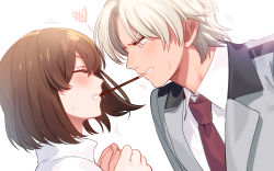 Rule 34 | 1boy, 1girl, blazer, blush, bob cut, closed eyes, collared shirt, dutch angle, embarrassed, face-to-face, facing another, food, food in mouth, from side, grey jacket, heart, hetero, highres, jacket, looking at another, mouth hold, necktie, pocky, pocky kiss, portrait, profile, protagonist (tokimemo gs2), red necktie, saeki teru, school uniform, shared food, shirt, short hair, simple background, sweat, tenryou sena, tokimeki memorial girl&#039;s side 2nd kiss, trembling, white background, white hair, white shirt