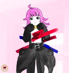 Rule 34 | 1girl, artist name, artist request, black pants, blush, breasts, drawing, dress, dress shirt, female focus, greyscale, holding, holding paper, katana, looking at viewer, love live!, love live! nijigasaki high school idol club, monochrome, pants, paper, parted lips, pink background, pink hair, psycyclone j, sai (kanzen gokai oh), shirt, short hair, sleeves past fingers, sleeves past wrists, smile, solo, sword, tennoji rina, weapon, zzz