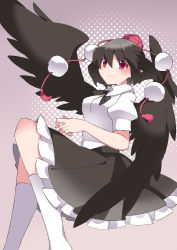 Rule 34 | 1girl, black hair, commentary request, hammer (sunset beach), looking at viewer, red eyes, shameimaru aya, short hair, skirt, smile, solo, touhou, wings