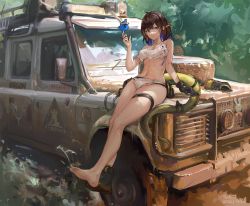 Rule 34 | 1girl, absurdres, animal, animal on hand, arknights, bare arms, bare legs, bare shoulders, barefoot, bikini, bird, black gloves, black hair, blue eyes, boots, breasts, chinese commentary, commentary request, eunectes (arknights), eunectes (forgemaster) (arknights), feet, gloves, hand up, high priest (arknights), highres, kjerag logo, looking at viewer, medium breasts, navel, official alternate costume, outdoors, pointy ears, rhodes island logo (arknights), sargon logo, sawkm, see-through, short hair, single glove, sitting, snake tail, soles, solo, sports utility vehicle, stomach, swimsuit, tail, thigh strap, thighs, tire, toes, torn clothes, unworn boots, vehicle focus, white bikini