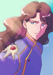 Rule 34 | 1boy, bishoujo senshi sailor moon, blue eyes, bright pupils, brown hair, buttons, closed mouth, commentary request, highres, jacket, light smile, long hair, looking to the side, male focus, nephrite (sailor moon), purple jacket, signature, solo, tasuku (tasukurukuru), upper body, white pupils