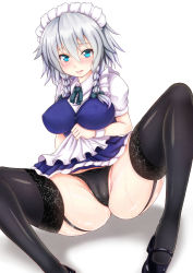 Rule 34 | 1girl, apron, aqua eyes, black footwear, black panties, black thighhighs, blue dress, blush, braid, breasts, cameltoe, clothes lift, dress, dress lift, ebi 193, garter straps, hair ribbon, izayoi sakuya, lace, lace-trimmed legwear, lace trim, large breasts, looking at viewer, maid, maid apron, maid headdress, open mouth, panties, partially visible vulva, puffy short sleeves, puffy sleeves, ribbon, see-through, shirt, shoes, short sleeves, silver hair, sitting, solo, spread legs, suggestive fluid, thighhighs, touhou, twin braids, underwear, waist apron, wrist cuffs