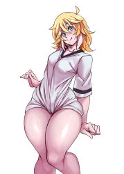 Rule 34 | 1girl, absurdres, ahoge, blonde hair, blue eyes, breasts, cameltoe, female focus, head tilt, highres, impossible clothes, impossible shirt, knees together feet apart, legs, medium hair, meme, messy hair, naked shirt, narrow waist, nell (nisego), nisego, original, pajamas challenge, shirt, simple background, small breasts, smile, solo, standing, t-shirt, taut clothes, taut shirt, thick thighs, thighs, white background, wide hips