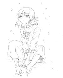 Rule 34 | 1girl, :t, bad id, bad pixiv id, dress, face, female focus, greyscale, mizuhashi parsee, monochrome, pointy ears, pout, scarf, short hair, sitting, sketch, solo, touhou, ume (plumblossom)