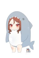 Rule 34 | 1girl, alternate costume, animal costume, blush, brown hair, chibi, commentary, horse girl, king halo (umamusume), koruri, looking at viewer, red eyes, shark costume, simple background, solo, symbol-only commentary, twitter username, umamusume, white background