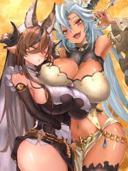 Rule 34 | 2girls, asymmetrical docking, breast press, breasts, brown hair, cleavage, cleavage cutout, clothing cutout, covered erect nipples, detached sleeves, fediel (granblue fantasy), galleon (granblue fantasy), granblue fantasy, hei (heiyohei), highres, horns, large breasts, long hair, midriff, multiple girls, pointy ears, red eyes, sharp teeth, standing, teeth, thighhighs, thighs, white hair, yellow background