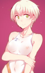 Rule 34 | 1girl, blonde hair, blush, brave witches, breasts, closed mouth, competition swimsuit, covered erect nipples, em (totsuzen no hakike), green eyes, hanna wind, looking at viewer, medium breasts, one-piece swimsuit, purple background, see-through, short hair, simple background, smile, solo, strike witches: aurora no majo, swimsuit, upper body, very short hair, white one-piece swimsuit, world witches series