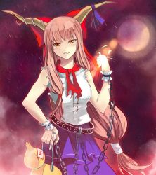 Rule 34 | 1girl, bad id, bad pixiv id, blonde hair, bow, breasts, brown eyes, brown hair, chain, chirosuke, clenched teeth, crushing, destruction, face, female focus, gourd, hair bow, hand on own hip, horns, ibuki suika, long hair, looking at viewer, aged up, ribbon, solo, teeth, torn clothes, touhou, tsurime