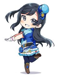 Rule 34 | 1girl, black hair, blue hat, blush stickers, boots, brown footwear, chibi, commentary request, full body, gloves, grey eyes, grin, hat, leg up, long hair, looking at viewer, love live!, love live! nijigasaki high school idol club, one side up, pantyhose, short sleeves, sidelocks, smile, solo, totoki86, white background, white gloves, yuki setsuna (love live!)