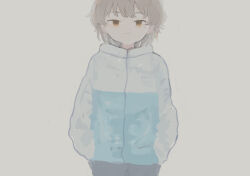 Rule 34 | 1girl, :|, alternate costume, asasow, blue jacket, brown background, brown eyes, brown hair, closed mouth, commentary request, cowboy shot, expressionless, grey pants, hands in pockets, hatoba tsugu, jacket, long sleeves, looking at viewer, mole, mole under eye, multicolored clothes, multicolored jacket, pants, simple background, solo, straight-on, tsugu (vtuber), two-tone jacket, virtual youtuber, white jacket
