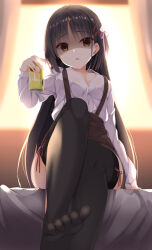 Rule 34 | 1girl, :&lt;, angry, aria (koiiroharemoyou), arm support, backlighting, black hair, black thighhighs, bloom, blurry, blurry background, breasts, brown eyes, brown skirt, cafe stella to shinigami no chou, can, cleavage, collared shirt, commentary request, curtains, depth of field, dress shirt, earrings, empty eyes, feet, flower, furrowed brow, hair flower, hair ornament, hair ribbon, hairclip, hand up, high-waist skirt, highres, holding, holding can, indoors, jewelry, knee up, knees together feet apart, legs, long hair, long sleeves, looking at viewer, medium breasts, mole, mole under eye, no shoes, on bed, open mouth, pink ribbon, red ribbon, ribbon, ribbon-trimmed thighhighs, ribbon trim, rose, shaded face, shiki natsume, shirt, sidelocks, sitting, skirt, smile, soles, solo, straight hair, stud earrings, sunlight, sunset, suspender skirt, suspenders, thighhighs, toes, very long hair, white flower, white rose, white shirt, window