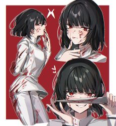 Rule 34 | 1girl, :p, arm behind back, asymmetrical eyes, black hair, blood, blood on clothes, blood on face, blood on hands, bloody knife, bloody weapon, blunt bangs, blunt ends, border, chef, closed mouth, constricted pupils, cropped legs, evil grin, evil smile, grin, half-closed eye, hand up, heart, highres, holding, holding knife, knife, limbus company, long sleeves, looking at viewer, mu46016419, multiple views, outline, outside border, pants, project moon, red background, red eyes, ryoshu (project moon), short hair, simple background, smile, standing, tongue, tongue out, weapon, white border, white outline, white pants