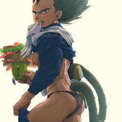 Rule 34 | 1boy, unworn armor, ass, bara, bare back, bare pectorals, black male underwear, briefs, clothes lift, cup, dragon ball, dragonball z, feet out of frame, food, frown, glove in mouth, gloves, highres, holding, holding cup, looking at viewer, looking to the side, male focus, male underwear, monkey tail, mouth hold, mug, muscular, muscular male, nipples, no pants, pectorals, receding hairline, saiyan armor, sandwich, shirt lift, short hair, sideburns, solo, spiked hair, supobi, tail, thick eyebrows, thick thighs, thighs, underpec, underwear, undressing, vegeta