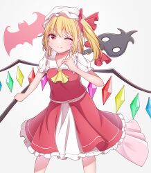 Rule 34 | 1girl, ascot, blonde hair, cowboy shot, crystal wings, dress, flandre scarlet, frilled dress, frills, hashi2387, hat, hat ribbon, highres, laevatein (touhou), one eye closed, puffy short sleeves, puffy sleeves, red eyes, red ribbon, ribbon, short sleeves, side ponytail, simple background, solo, touhou, white background, white mob cap, yellow ascot