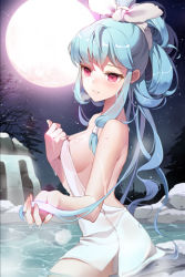 Rule 34 | 1girl, bare shoulders, blue hair, blush, bow, breasts, full moon, gilse, hair ribbon, holding, linus, linus falco, long hair, lowres, moon, night, onsen, open mouth, outdoors, outstretched arm, ponytail, red eyes, ribbon, sideboob, sitting, smile, solo, star (symbol), sword girls, towel, very long hair, water, wavy hair, wet