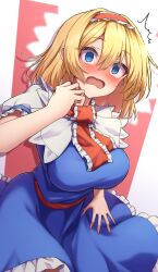 Rule 34 | 1girl, alice margatroid, ascot, blonde hair, blue dress, blue eyes, blush, breasts, capelet, commentary request, dress, embarrassed, frilled ascot, frilled capelet, frilled dress, frilled hairband, frills, hairband, highres, large breasts, lolita hairband, nose blush, open mouth, puffy short sleeves, puffy sleeves, red ascot, red hairband, red sash, sash, short hair, short sleeves, solo, touhou, upper body, white capelet, yosshy