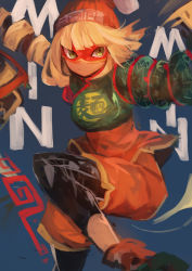 Rule 34 | 1girl, absurdres, arms (game), beanie, blonde hair, blue background, blunt bangs, character name, chinese clothes, closed mouth, fighting stance, green eyes, hat, highres, kaamin (mariarose753), knit hat, leg up, leggings, mask, min min (arms), nintendo, orange hat, short hair, shorts, simple background, solo, super smash bros.
