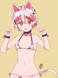 Rule 34 | 1girl, :3, alternate costume, animal ears, animated, animated gif, bad link, bell, bikini, blush, cat ears, cat tail, coin, collar, goutokuji mike, grey background, jingle bell, looking at viewer, midriff, multicolored hair, navel, open mouth, paw pose, puuakachan, short hair, simple background, solo, swimsuit, tail, touhou, wristband