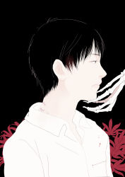 Rule 34 | 1boy, black background, black hair, blood, flower, flower check, from side, hand on another&#039;s chin, hickey, male focus, original, re:i, shirt, simple background, skeletal arm, solo focus, spider lily, spot color, upper body, white shirt