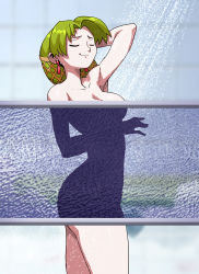 Rule 34 | 1girl, ass, breasts, closed mouth, convenient censoring, daga, closed eyes, glass, grandia, grandia i, green hair, highres, large breasts, lilly (grandia), nude, shower (place), shower scene, showering, silhouette, solo, standing