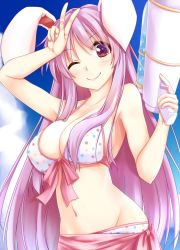 Rule 34 | 1girl, ;), alternate costume, animal ears, arm up, bare arms, bare shoulders, bikini, blue sky, breasts, cleavage, cloud, collarbone, day, fingernails, front-tie bikini top, front-tie top, hand up, hisae (hisae collect), holding, large breasts, long hair, looking at viewer, lunatic gun, navel, one eye closed, outdoors, pink hair, polka dot, polka dot bikini, rabbit ears, red eyes, reisen udongein inaba, sarong, sky, smile, solo, stomach, swimsuit, touhou, v, very long hair, water, white bikini