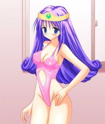 Rule 34 | 1girl, blue eyes, blush, breasts, chunsoft, circlet, cleavage, dragon quest, dragon quest iii, enix, hat, leotard, long hair, medium breasts, navel, non-web source, purple hair, revealing swimsuit (dq), sage (dq3), solo, swimsuit