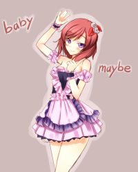Rule 34 | 10s, 1girl, armband, bare shoulders, blush, brown background, dress, flower, frilled dress, frills, hair flower, hair ornament, hand up, highres, idol, index finger raised, looking at viewer, love live!, love live! school idol festival, love live! school idol project, nishikino maki, outline, purple eyes, purple theme, red hair, short hair, simple background, sleeveless, smile, solo, standing, yu-ta