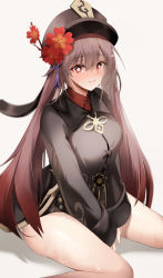 1girl, absurdres, between legs, black headwear, black shirt, black shorts, breasts, brown hair, chinese clothes, collared shirt, flower, genshin impact, gold trim, gradient hair, hat, hat flower, highres, hu tao, long hair, long sleeves, looking at viewer, medium breasts, micro shorts, multicolored hair, nevin (flyskying), plum blossoms, red eyes, shirt, shorts, simple background, sitting, smile, solo, star-shaped pupils, star (symbol), sweat, symbol-shaped pupils, tailcoat, thighs, twintails, very long hair, wariza, white background