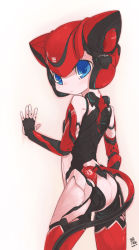 Rule 34 | 1girl, android, animal ears, blue eyes, cat ears, cat tail, from behind, joints, looking at viewer, looking back, original, robot ears, robot joints, simple background, solo, tail, visark, white background