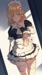 Rule 34 | 1girl, absurdres, alternate costume, apron, black dress, bridal garter, commentary, dress, enmaided, frilled dress, frills, highres, holding, holding phone, hololive, hololive english, jl tan, maid, phone, solo, virtual youtuber, watson amelia, white apron