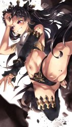Rule 34 | 1girl, armlet, ass, asymmetrical legwear, black hair, black panties, black thighhighs, bra, breasts, crown, curvy, detached sleeves, earrings, fate/grand order, fate (series), feet, gluteal fold, gold trim, groin, highleg, highleg panties, highres, hoop earrings, huge ass, ishtar (fate), jewelry, long hair, medium breasts, navel, o-ring, panties, red eyes, revealing clothes, single sleeve, smile, soles, stomach, teeth, thick thighs, thighhighs, thighs, thong, twintails, two side up, underwear, uneven legwear, white bra, wide hips, yuka89