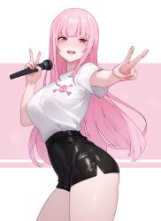 Rule 34 | 1girl, :d, absurdres, alternate costume, black shorts, bluefield, breasts, commentary, double v, high-waist shorts, highres, holding, holding microphone, hololive, hololive english, large breasts, leather shorts, long hair, looking at viewer, microphone, mori calliope, open mouth, outstretched arm, pink eyes, pink hair, shirt, shirt tucked in, short sleeves, shorts, side-view, simple background, skull and crossbones, skull print, smile, solo, symbol-only commentary, two-tone background, v, virtual youtuber, white shirt