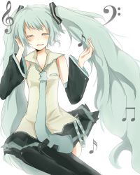 Rule 34 | 1girl, aqua hair, bad id, bad pixiv id, detached sleeves, closed eyes, female focus, hatsune miku, long hair, mono (recall), musical note, necktie, skirt, smile, solo, thighhighs, twintails, very long hair, vocaloid, white background