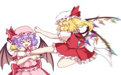 Rule 34 | 2girls, ascot, back, blonde hair, blouse, bow, flandre scarlet, flying kick, food, hair between eyes, hat, highres, kaoling, kicking, mob cap, multiple girls, one side up, open mouth, pink headwear, plate, pudding, puffy short sleeves, puffy sleeves, purple hair, red ascot, remilia scarlet, shaded face, shirt, short hair, short sleeves, simple background, socks, touhou, white background, white headwear, white shirt, yellow ascot