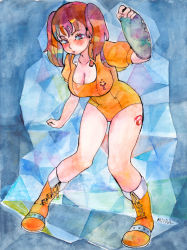 Rule 34 | absurdres, arm up, artist name, bare legs, blue background, blush, boots, breasts, brown hair, cleavage, diane (nanatsu no taizai), fingerless gloves, gloves, highres, large breasts, leotard, medium hair, miura, nanatsu no taizai, orange footwear, orange leotard, puffy short sleeves, puffy sleeves, short sleeves, single glove, traditional media, twintails