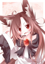 Rule 34 | 1girl, animal ears, blush, brooch, brown hair, daidai ookami, fangs, female focus, highres, imaizumi kagerou, jewelry, long hair, long sleeves, looking at viewer, open mouth, red eyes, shirt, slit pupils, solo, touhou, very long hair, wide sleeves, wolf ears