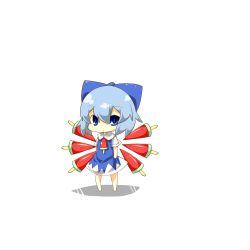 Rule 34 | 1girl, absurdres, alternate wings, bad id, bad pixiv id, blue eyes, blue hair, bow, chibi, cirno, eiri (eirri), female focus, food, full body, hair bow, highres, matching hair/eyes, popsicle, solo, standing, embodiment of scarlet devil, touhou, watermelon bar, white background, wings