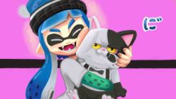 Rule 34 | 1girl, cat, child, closed eyes, fang, hat, hug, inkling player character, nintendo, open mouth, pointy ears, splatoon (series), takamame, tongue