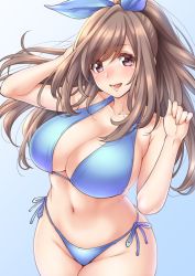 Rule 34 | 1girl, bare arms, bare shoulders, bikini, blush, bow, breasts, brown hair, cleavage, collarbone, commentary request, curvy, gradient background, hair bow, hands up, highres, idolmaster, idolmaster shiny colors, large breasts, long hair, looking at viewer, navel, open mouth, purple eyes, shouji nigou, side-tie bikini bottom, simple background, smile, solo, swimsuit, tsukioka kogane, wide hips