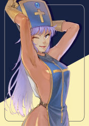 Rule 34 | 1girl, arms up, bad id, bad pixiv id, bodysuit, breasts, cosplay, cross, dragon quest, dragon quest dai no daibouken, dragon quest iii, gloves, hat, latex, latex suit, lipstick, long hair, makeup, medium breasts, mitre, moryo, one eye closed, priest (dq3), priest (dq3) (cosplay), purple eyes, purple hair, sideboob, tabard, wink, zurbon