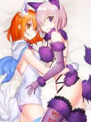 Rule 34 | 2girls, animal ears, black legwear, blue legwear, blush, breasts, cosplay, dress, elbow gloves, fate/grand order, fate (series), fou (fate), fou (fate) (cosplay), fujimaru ritsuka (female), fur-trimmed gloves, fur-trimmed legwear, fur trim, gloves, hair between eyes, hair over one eye, lace, lace-trimmed legwear, lace trim, light purple hair, lying, mash kyrielight, mash kyrielight (dangerous beast), medium breasts, multiple girls, official alternate costume, on side, parted lips, purple eyes, purple gloves, purple legwear, revealing clothes, short dress, short hair, small breasts, smile, tail, thighhighs, uraha, white dress, wolf ears, wolf tail