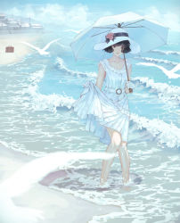 Rule 34 | 1girl, animal, bare shoulders, beach, bird, black bow, black hair, blue sky, bow, brown eyes, building, cloud, cloudy sky, collarbone, commentary request, day, dress, flower, footprints, gloves, hat, hat bow, hat flower, highres, holding, holding umbrella, kaoming, looking at viewer, original, outdoors, parted lips, pink flower, pink rose, rose, sand, short hair, skirt hold, sky, sleeveless, sleeveless dress, solo, standing, suitcase, sun hat, umbrella, wading, water, waves, white dress, white gloves, white hat, white umbrella