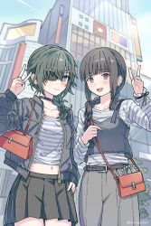 2girls alternate_costume alternate_hairstyle bag black_choker black_hair black_jacket black_skirt blue_eyes blunt_bangs blush braid building choker day earrings eyepatch green_hair hair_over_shoulder hand_in_pocket highres jacket jewelry kantai_collection kiso_(kancolle) kitakami_(kancolle) long_hair long_sleeves looking_at_viewer multiple_girls narukan open_clothes open_jacket open_mouth outdoors pleated_skirt red_bag shirt sidelocks single_braid skirt sky striped_clothes striped_shirt v