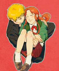 Rule 34 | 1boy, 1girl, bad id, bad pixiv id, blazer, blonde hair, blush, carrying, character request, copyright request, closed eyes, from above, full body, indian style, jacket, loafers, looking at another, on lap, orange hair, outline, parted lips, pleated skirt, ponytail, princess carry, red skirt, shoes, short hair with long locks, sidelocks, sitting, skirt, smile, socks, t k g, thighs, white legwear