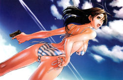 Rule 34 | 1girl, :d, ass, bare shoulders, bikini, blue sky, breasts, brown eyes, brown hair, cloud, contrail, day, dutch angle, fingernails, gun, hair ornament, hairclip, hand on own hip, handgun, highres, hip focus, hiroe rei, holding, holding gun, holding weapon, large breasts, long hair, looking back, nail polish, open mouth, original, pistol, side-tie bikini bottom, sideboob, sky, smile, solo, standing, striped bikini, striped clothes, swimsuit, trefoil, trigger discipline, weapon, wet