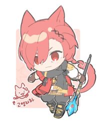 Rule 34 | 1boy, animal ears, black footwear, black pants, black scarf, boots, border, brown gloves, cat boy, cat ears, cat tail, chibi, chibi only, facial mark, final fantasy, final fantasy xiv, fingerless gloves, flat color, from side, full body, g&#039;raha tia, gloves, hair between eyes, hair ornament, holding, holding staff, jacket, jewelry, knee boots, low ponytail, male focus, marimo jh, miqo&#039;te, no nose, outside border, pants, pendant, pink background, red eyes, red hair, red jacket, rounded corners, scarf, shirt, short ponytail, simple background, smile, solo, staff, standing, swept bangs, tail, white border, white shirt, x hair ornament